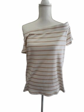LOFT Off-Shoulder Ribbed Stripe Tee - Cream & Tan